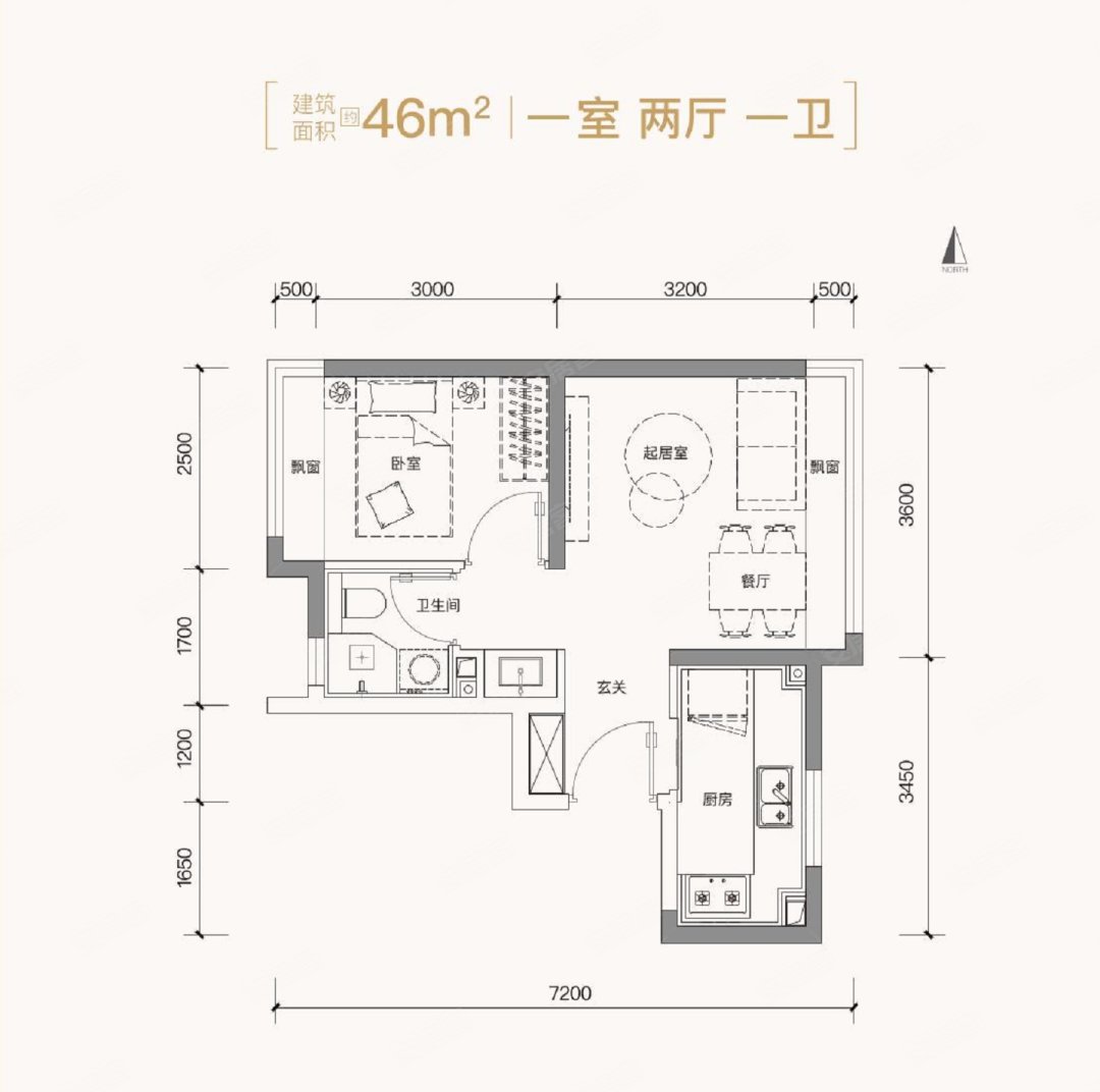 46平米户型 1室2厅1卫
